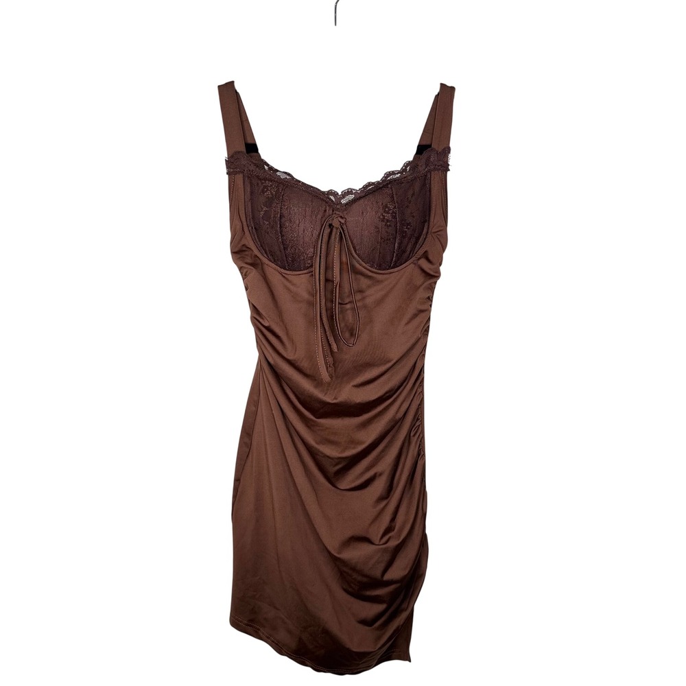 Brown Ruched Bodycon Mini Dress Women S Side Slit Sexy Lace Bandage Y2K Grunge